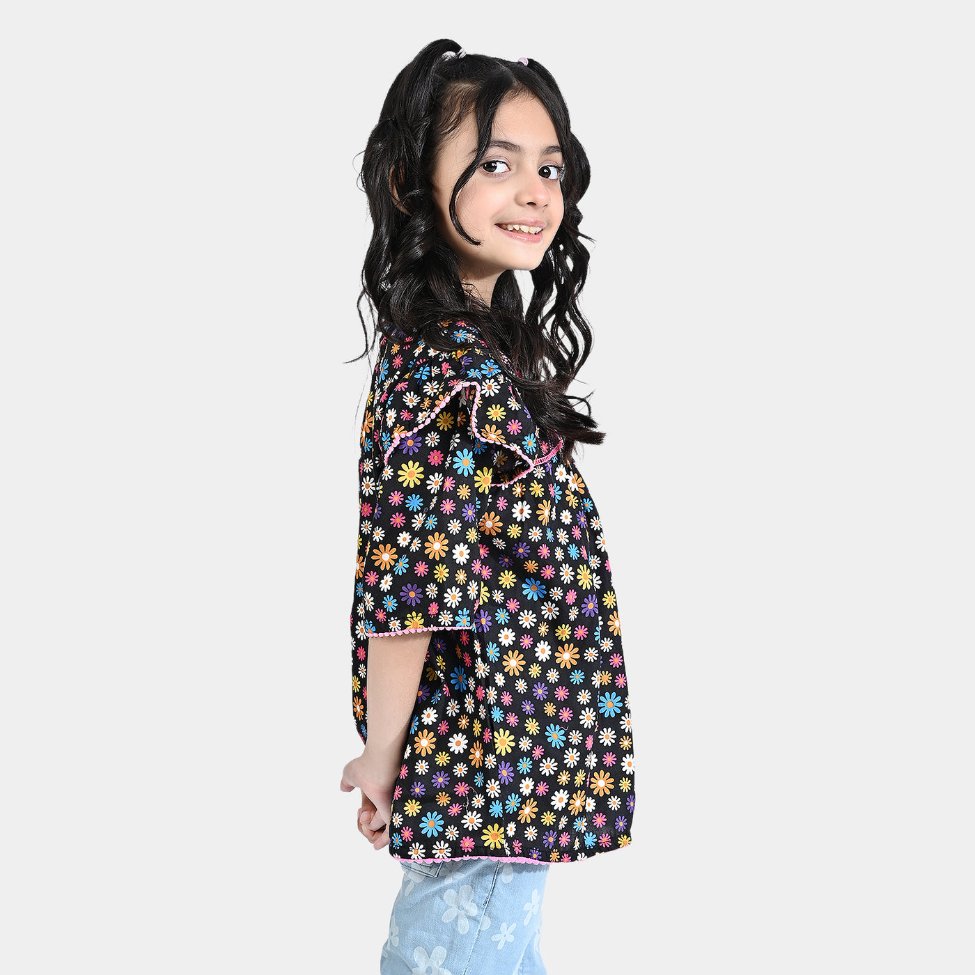 Girls Cotton Poplin Casual Top Caviar-Multi