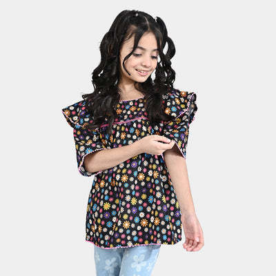 Girls Cotton Poplin Casual Top Caviar-Multi