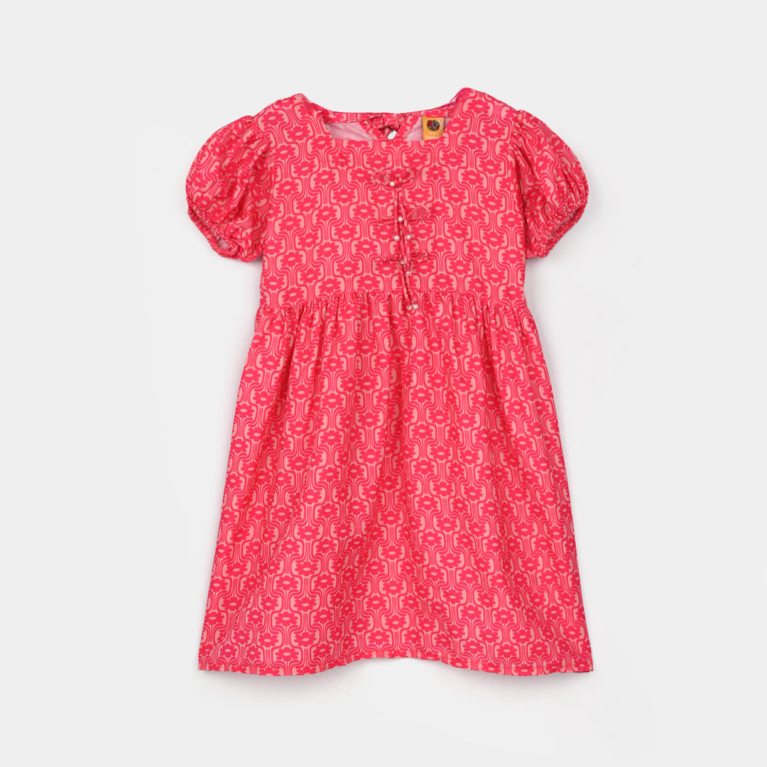 Girls Poly Lawn Printed Frock Blossom-Pink
