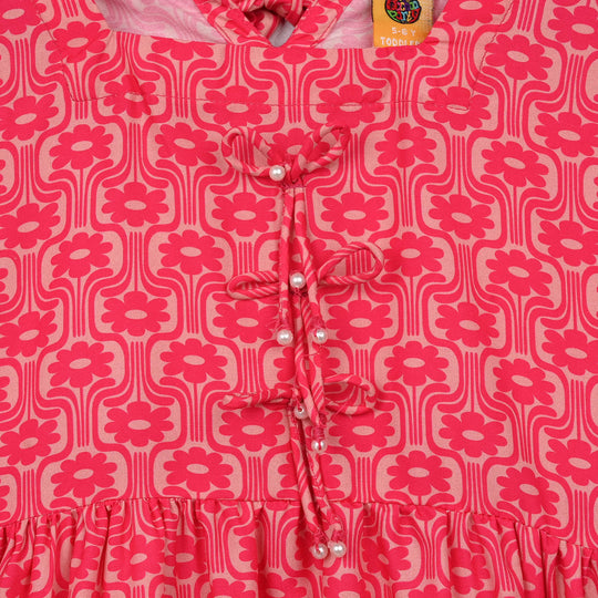 Girls Poly Lawn Printed Frock Blossom-Pink