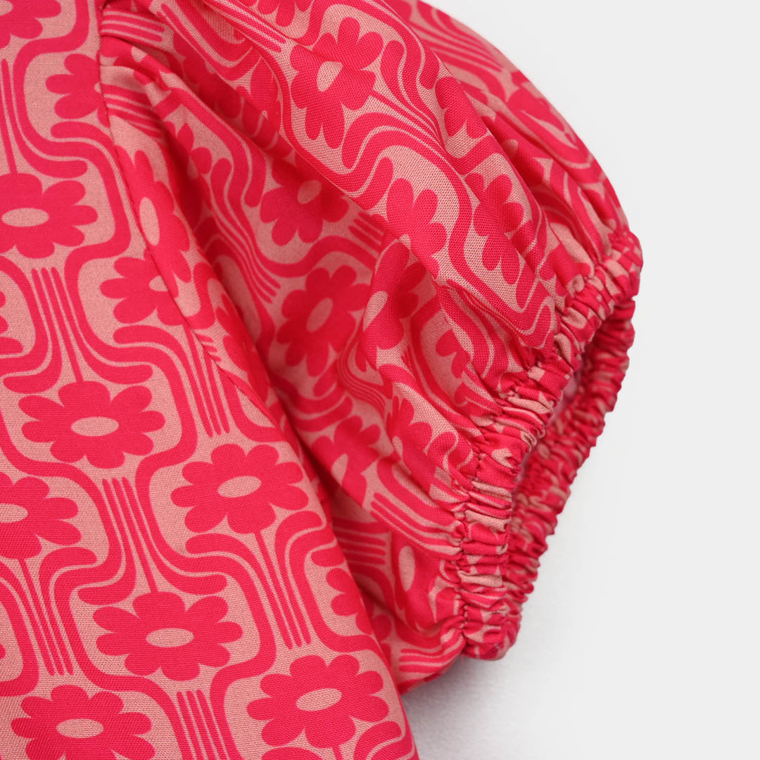 Girls Poly Lawn Printed Frock Blossom-Pink