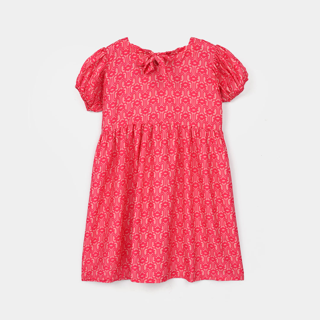 Girls Poly Lawn Printed Frock Blossom-Pink