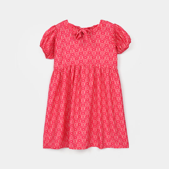 Girls Poly Lawn Printed Frock Blossom-Pink