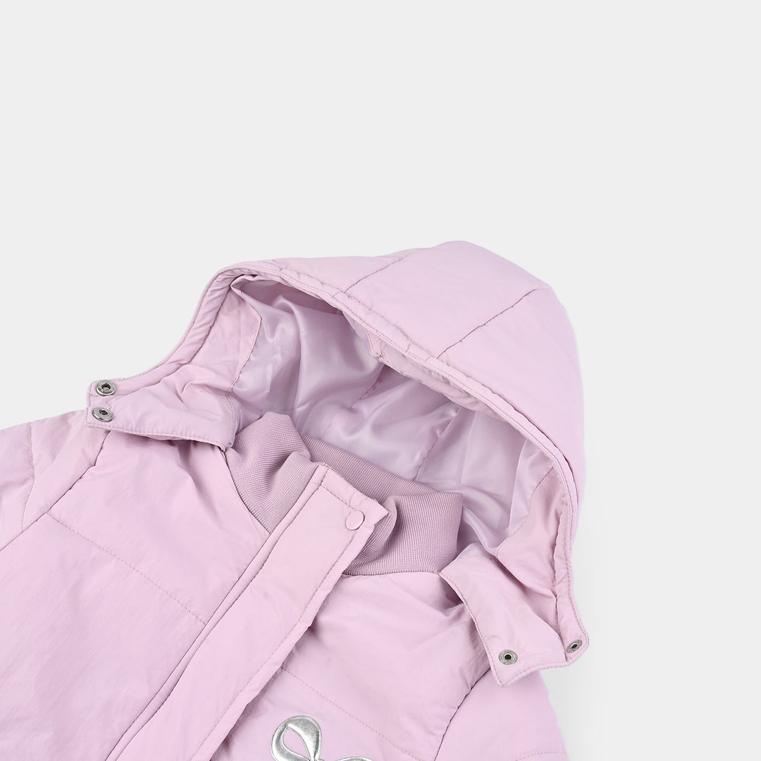 Girls Quilted Hooded Jacket F/S Bow - PURPLE