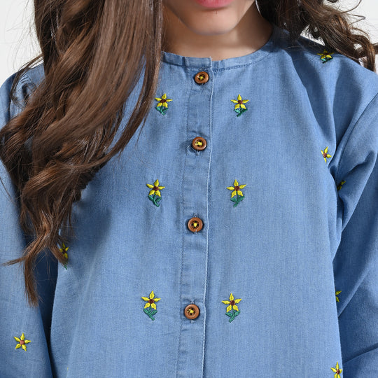 Girls Tensile Denim (Light Denim) Top Denim EMB Sunflower-LIGHT BLUE