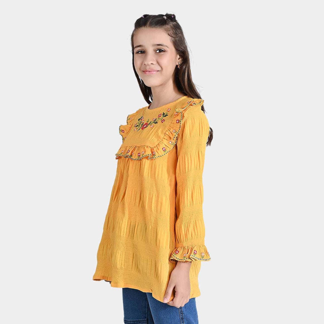 Girls Poly Cotton Emb Top Classic Yellow-Citrus