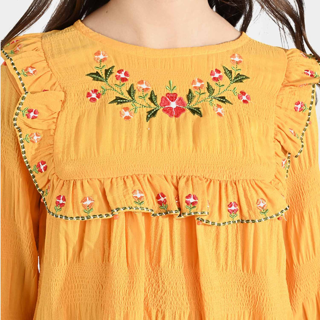 Girls Poly Cotton Emb Top Classic Yellow-Citrus