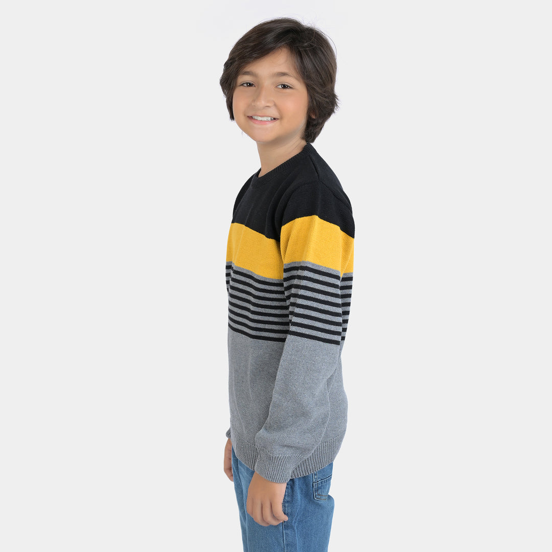 Boys Acrylic Full Sleeves Sweater Striper-Grey/Black