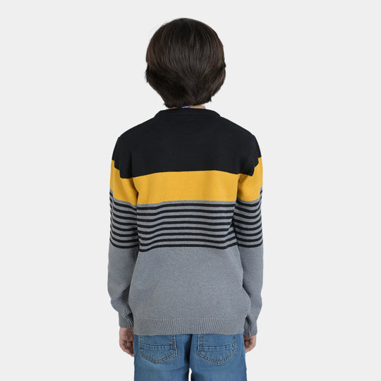 Boys Acrylic Full Sleeves Sweater Striper-Grey/Black