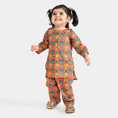 Infant Girls Cotton Poplin IND 2Pcs Suit Dil Dil Pakistan-Multi