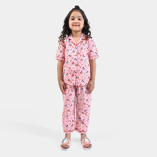 Girls Cotton Woven Night Suit -Pink