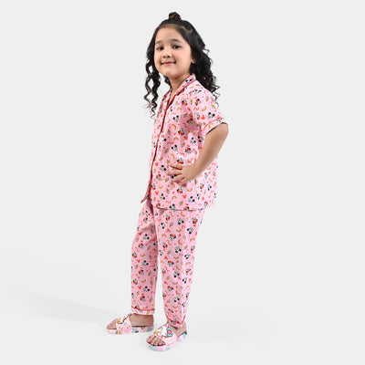 Girls Cotton Woven Night Suit -Pink