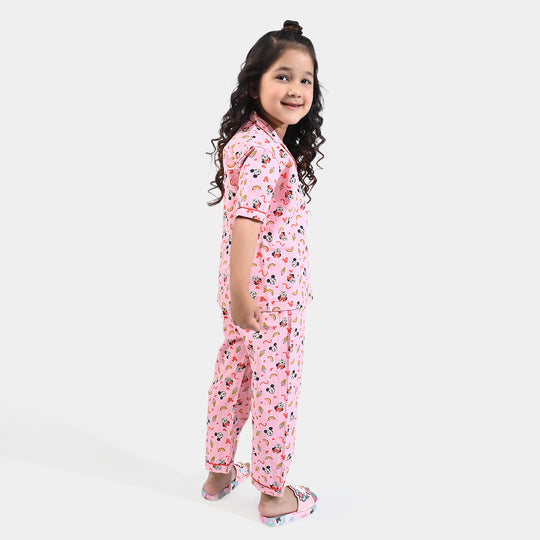 Girls Cotton Woven Night Suit -Pink