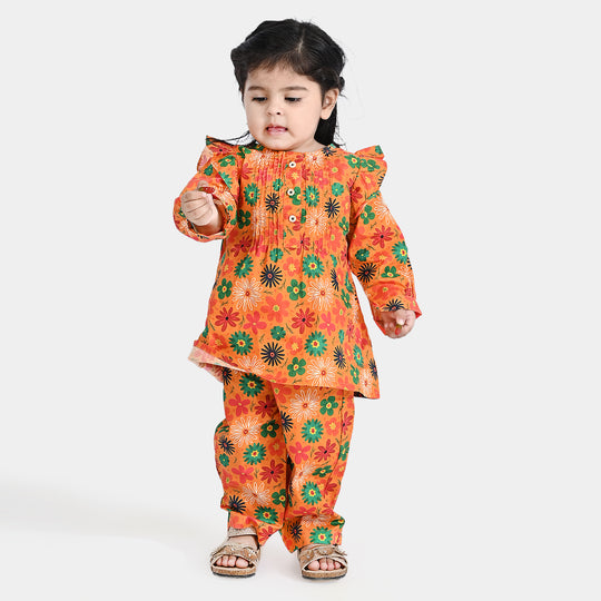 Infant Girls Cotton Poplin Printed 2PCs Suit Blazing orange-Multi