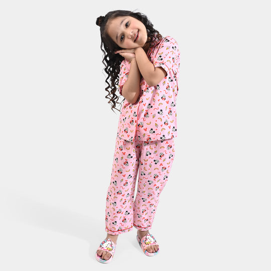 Girls Cotton Woven Night Suit -Pink