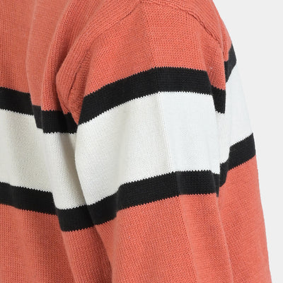 Boys Acrylic Full Sleeves Sweater Striper-Rust/White