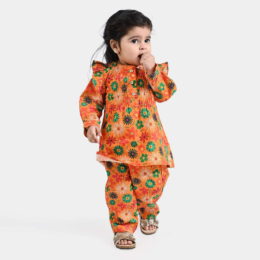 Infant Girls Cotton Poplin Printed 2PCs Suit Blazing orange-Multi