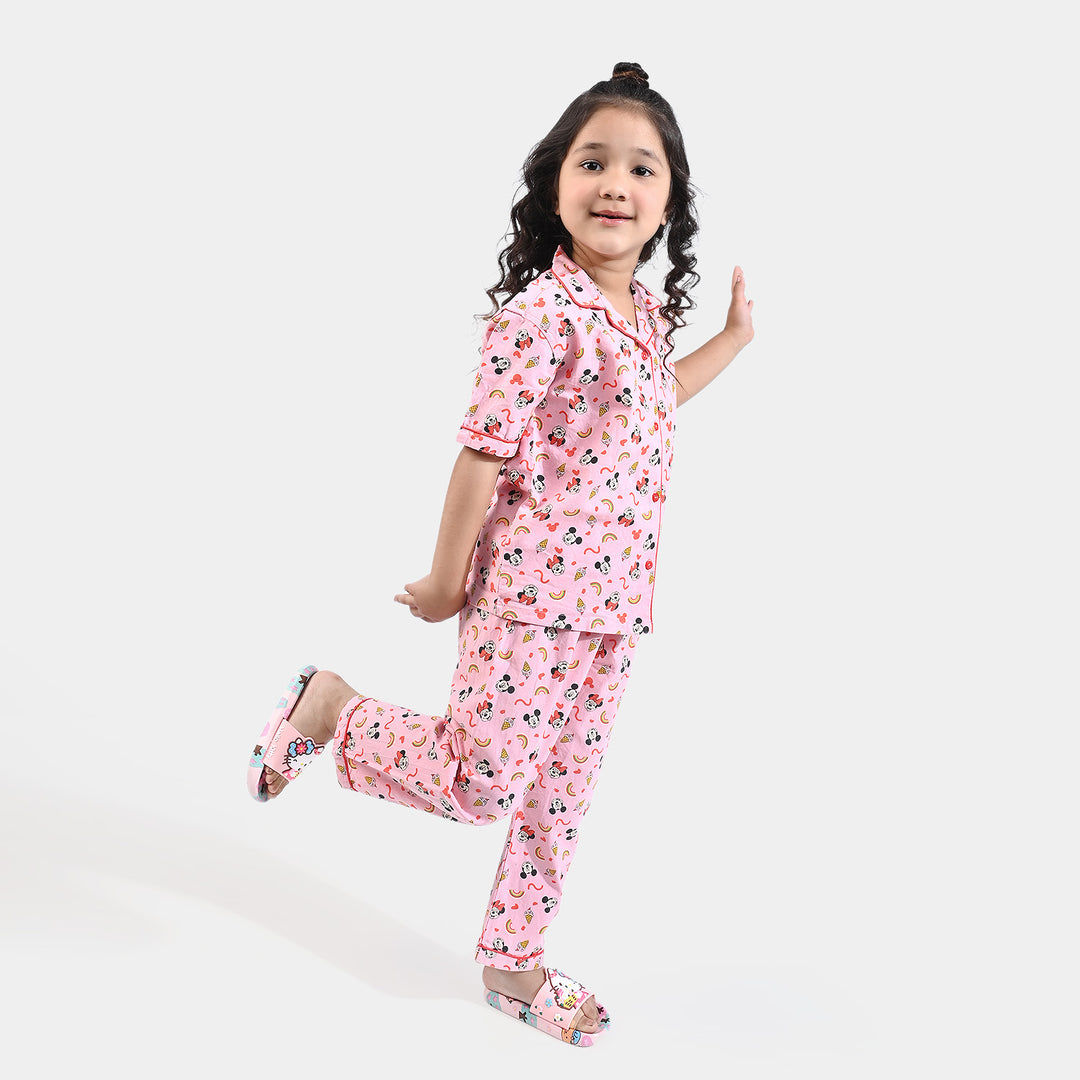 Girls Cotton Woven Night Suit -Pink