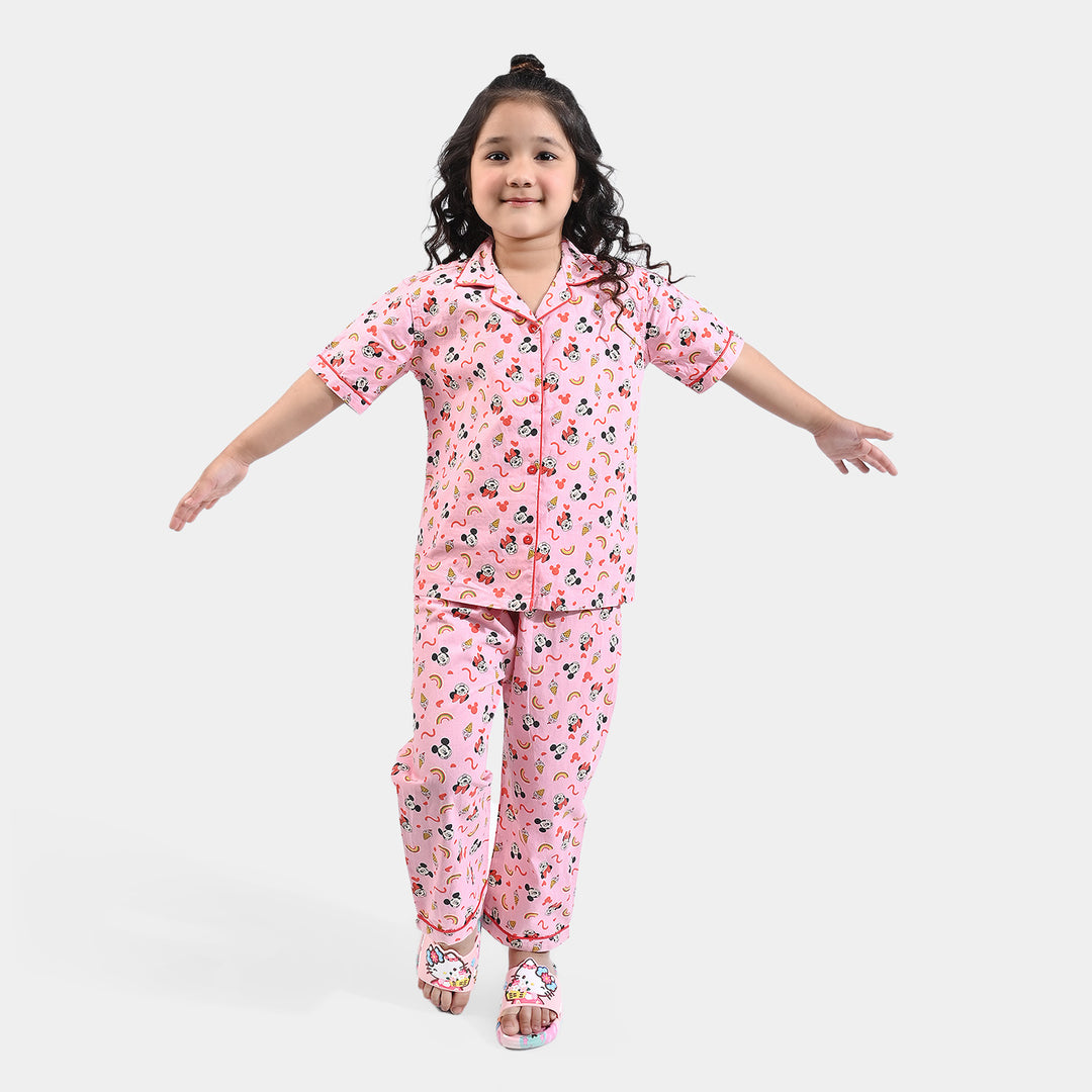 Girls Cotton Woven Night Suit -Pink