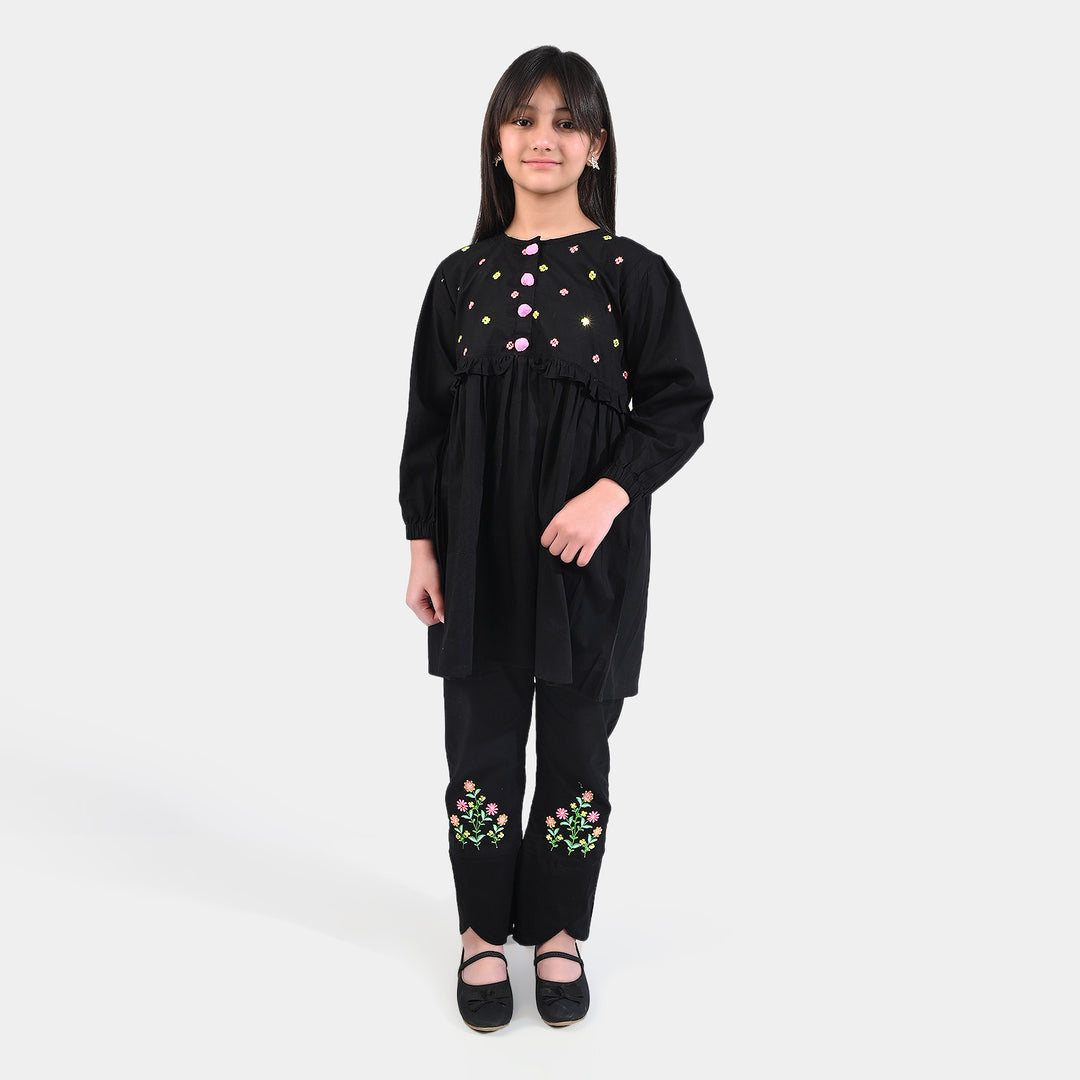 Girls Cotton embroidered 2Pcs Suit-BLACK