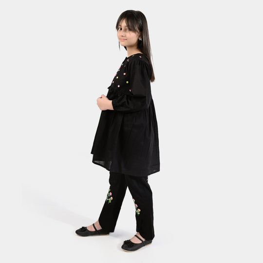 Girls Cotton embroidered 2Pcs Suit-BLACK