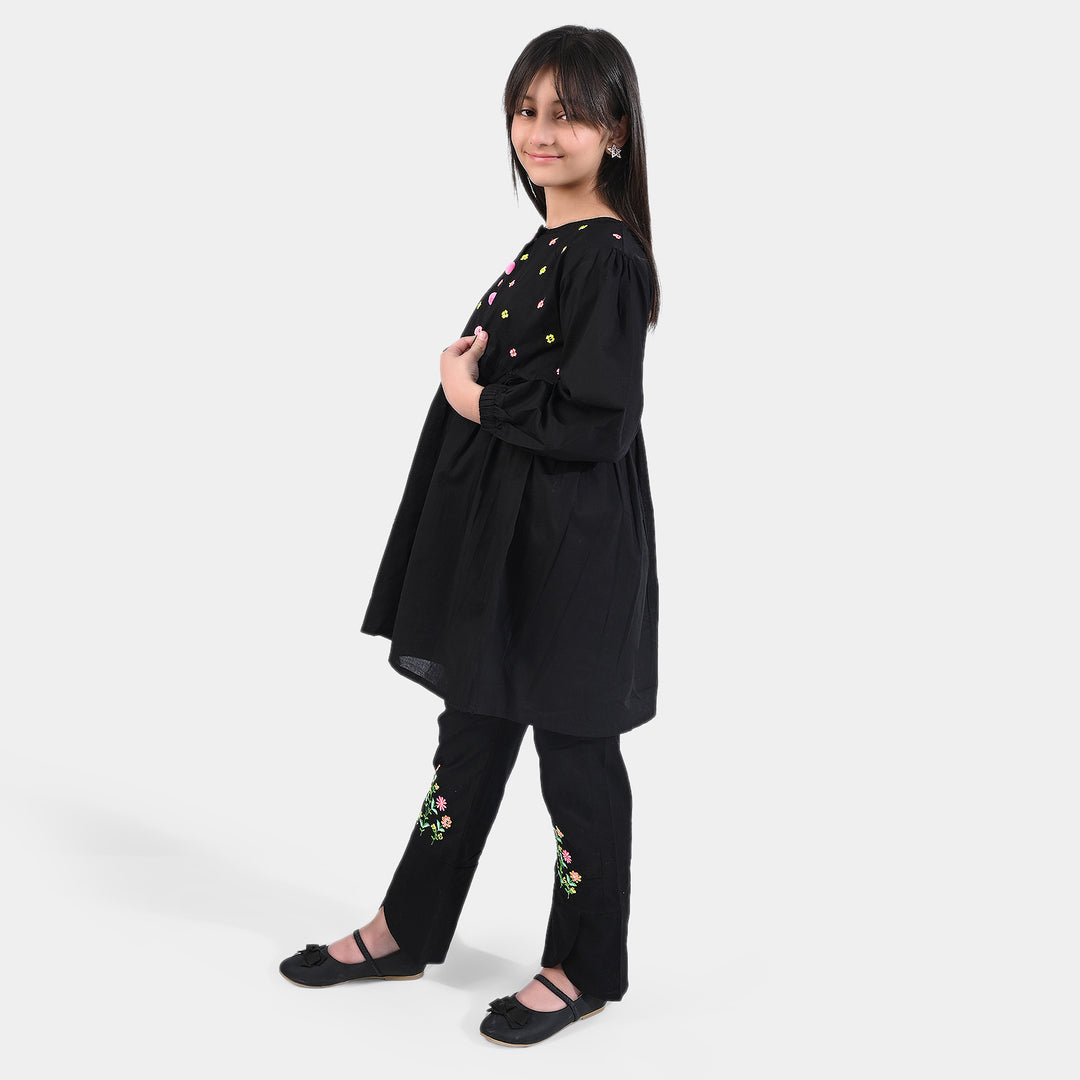 Girls Cotton embroidered 2Pcs Suit-BLACK