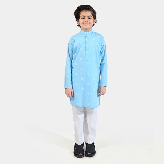 Boys Cotton Poplin Printed Kurta (Puff Motif)-L/BLUE