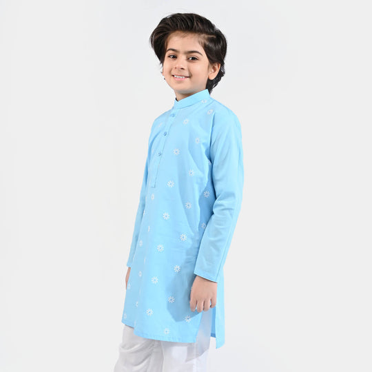 Boys Cotton Poplin Printed Kurta (Puff Motif)-L/BLUE