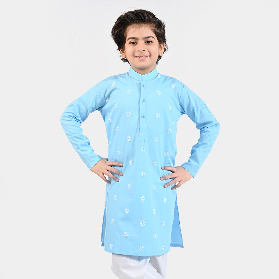 Boys Cotton Poplin Printed Kurta (Puff Motif)-L/BLUE