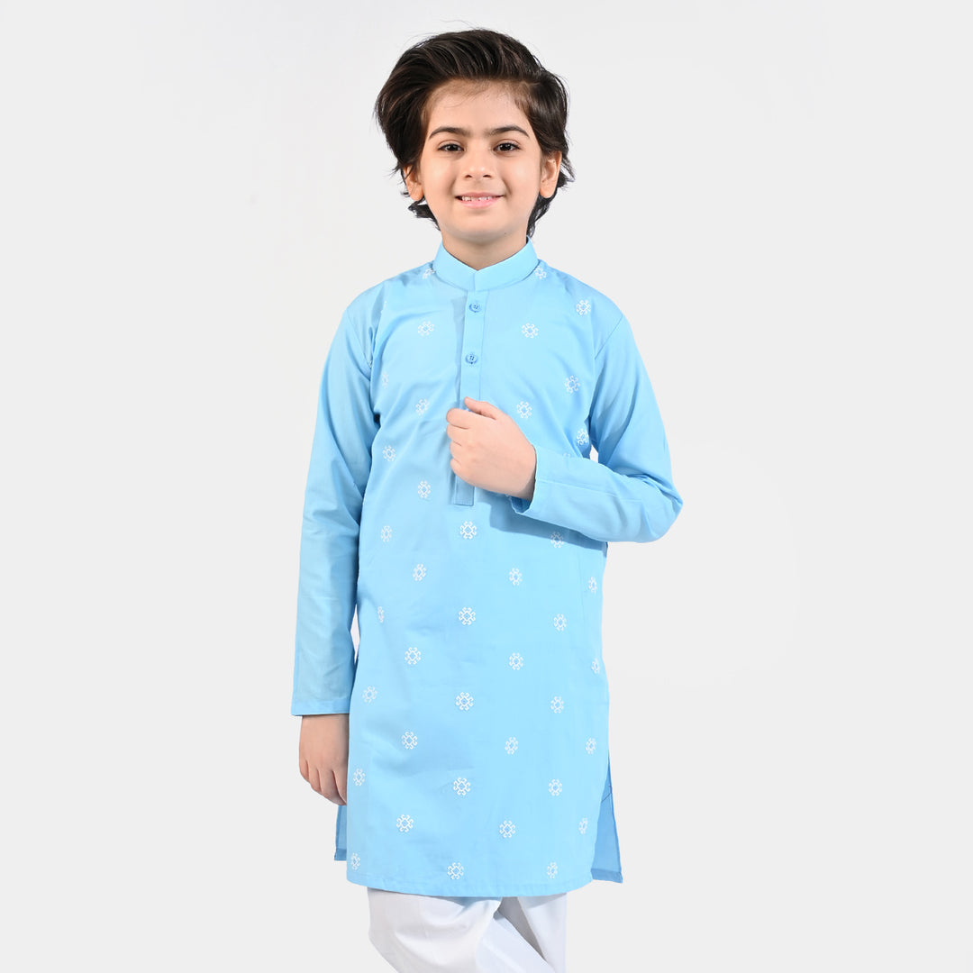 Boys Cotton Poplin Printed Kurta (Puff Motif)-L/BLUE