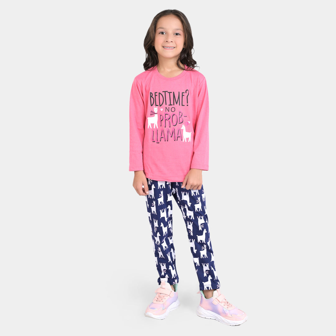 Girls Poly Cotton Jersey Knitted Night Suit LLAMA-Camellia R