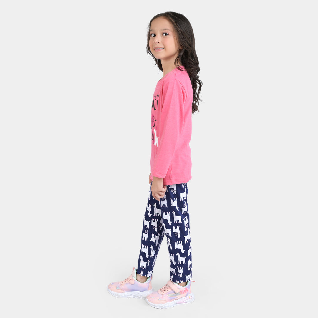 Girls Poly Cotton Jersey Knitted Night Suit LLAMA-Camellia R