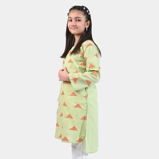 Girls Cotton EMB Kurti High Low-G.Green