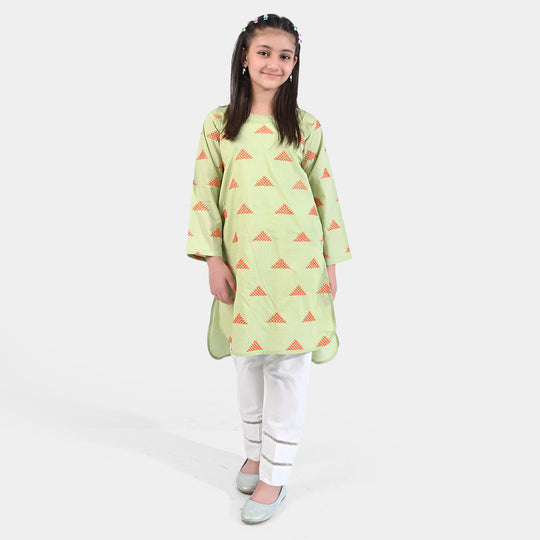 Girls Cotton EMB Kurti High Low-G.Green