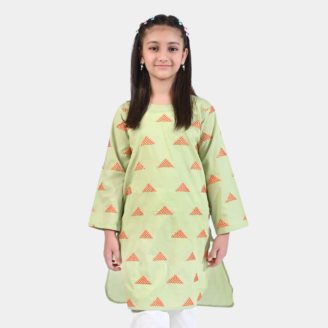 Girls Cotton EMB Kurti High Low-G.Green