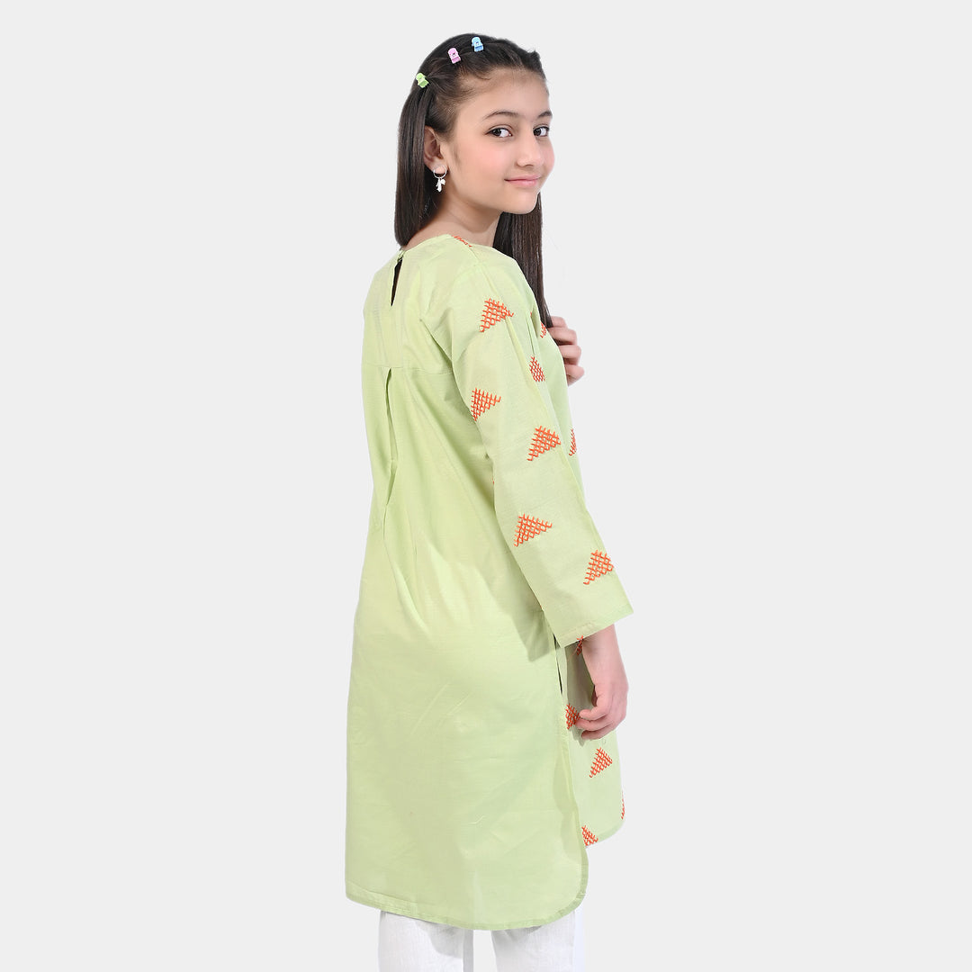 Girls Cotton EMB Kurti High Low-G.Green