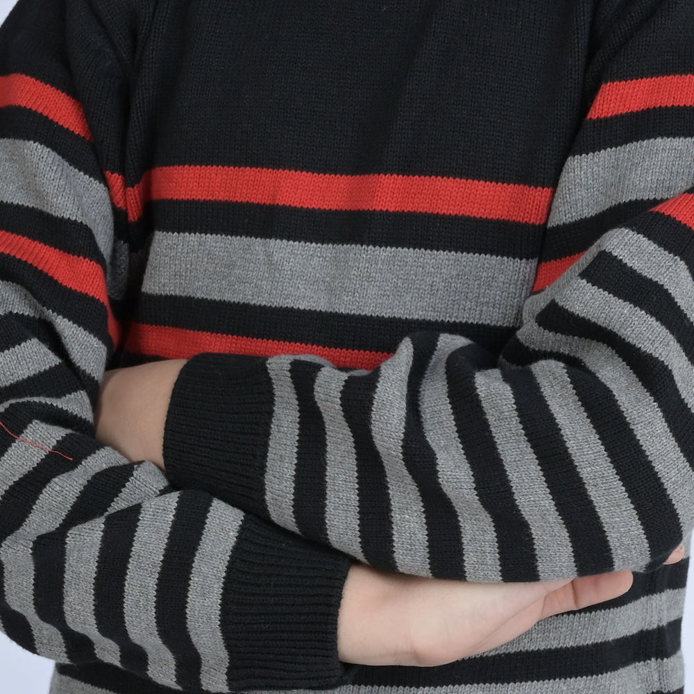 Boys Acrylic Full Sleeves Sweater Striper-Black