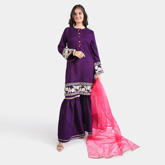 Teens Girls Raw Silk 3PCs Suit Dil Naaz-Purple