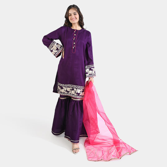 Teens Girls Raw Silk 3PCs Suit Dil Naaz-Purple