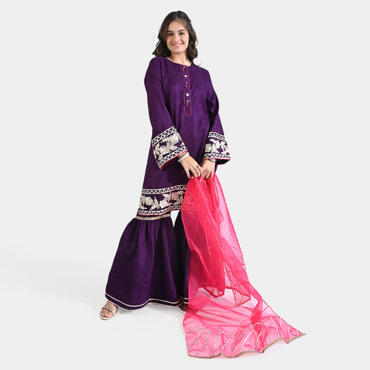 Teens Girls Raw Silk 3PCs Suit Dil Naaz-Purple