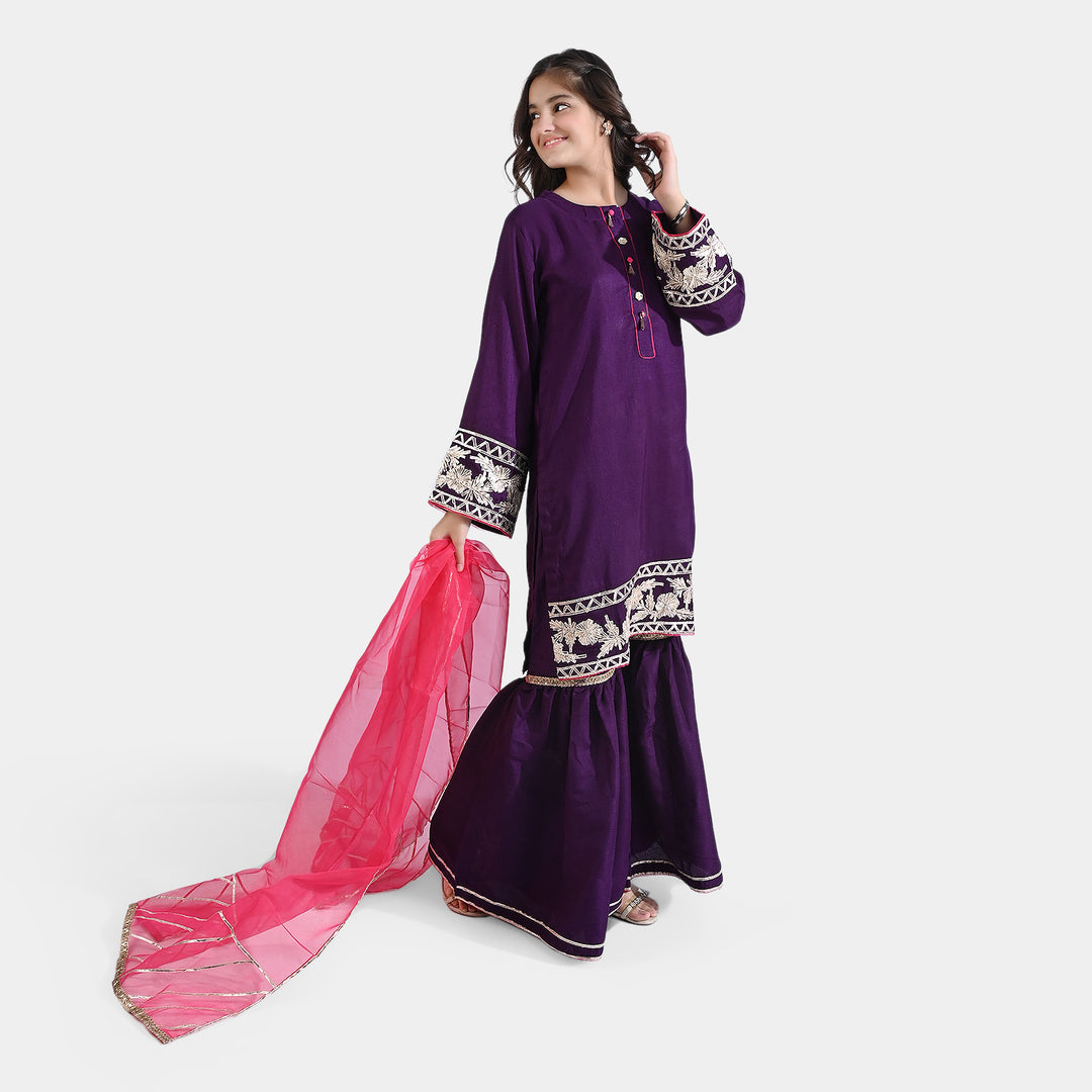 Teens Girls Raw Silk 3PCs Suit Dil Naaz-Purple