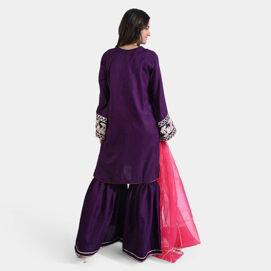 Teens Girls Raw Silk 3PCs Suit Dil Naaz-Purple