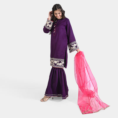 Teens Girls Raw Silk 3PCs Suit Dil Naaz-Purple