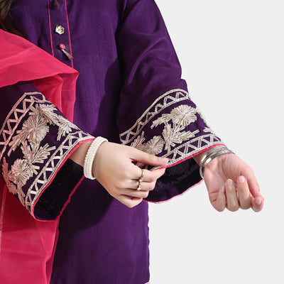 Teens Girls Raw Silk 3PCs Suit Dil Naaz-Purple
