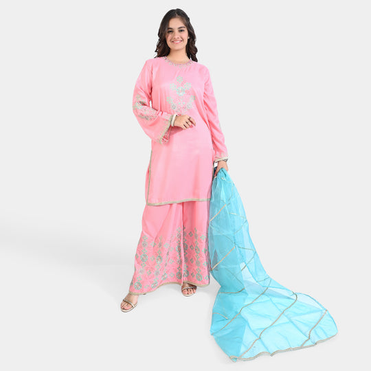 Teen Girls Raw Silk 3Pcs Suit Noor Jahan-Pink