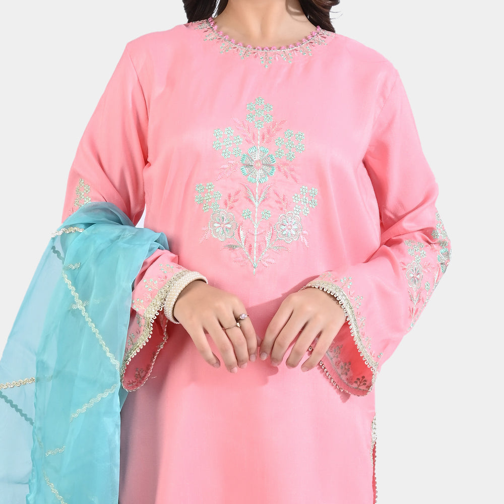 Teen Girls Raw Silk 3Pcs Suit Noor Jahan-Pink