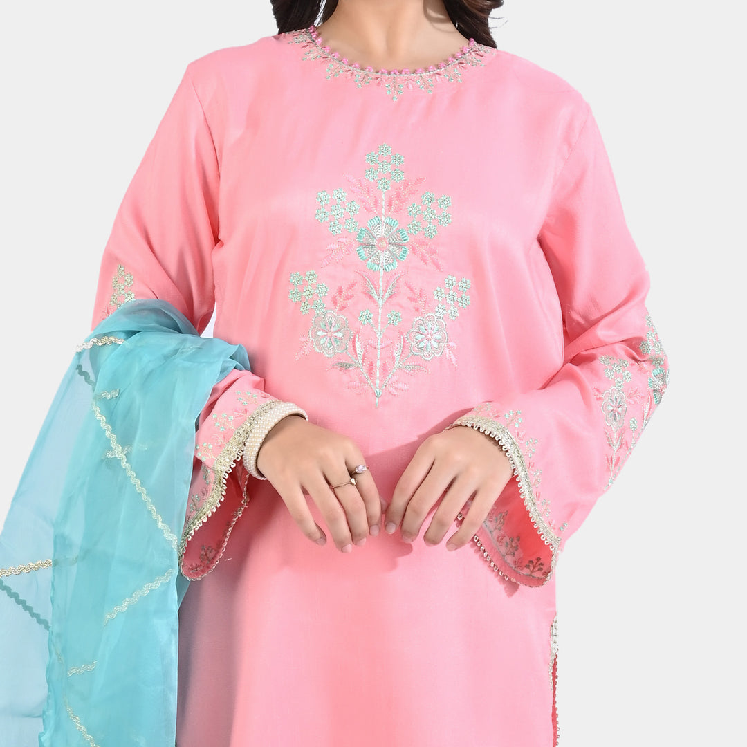 Teen Girls Raw Silk 3Pcs Suit Noor Jahan-Pink