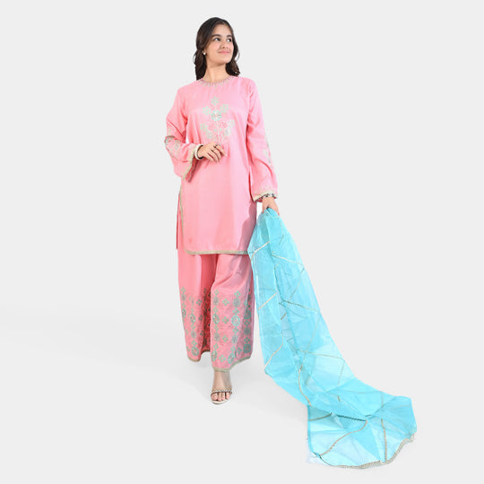 Teen Girls Raw Silk 3Pcs Suit Noor Jahan-Pink