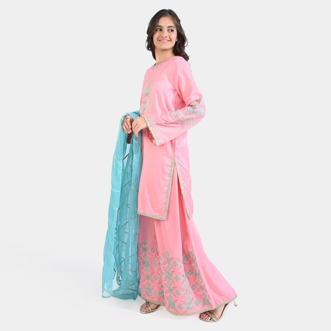 Teen Girls Raw Silk 3Pcs Suit Noor Jahan-Pink