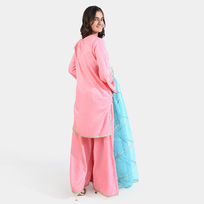 Teen Girls Raw Silk 3Pcs Suit Noor Jahan-Pink